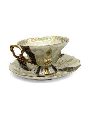 Tea Cup And Saucer With Gold Handle Black Floral Accents Japan Vintage
